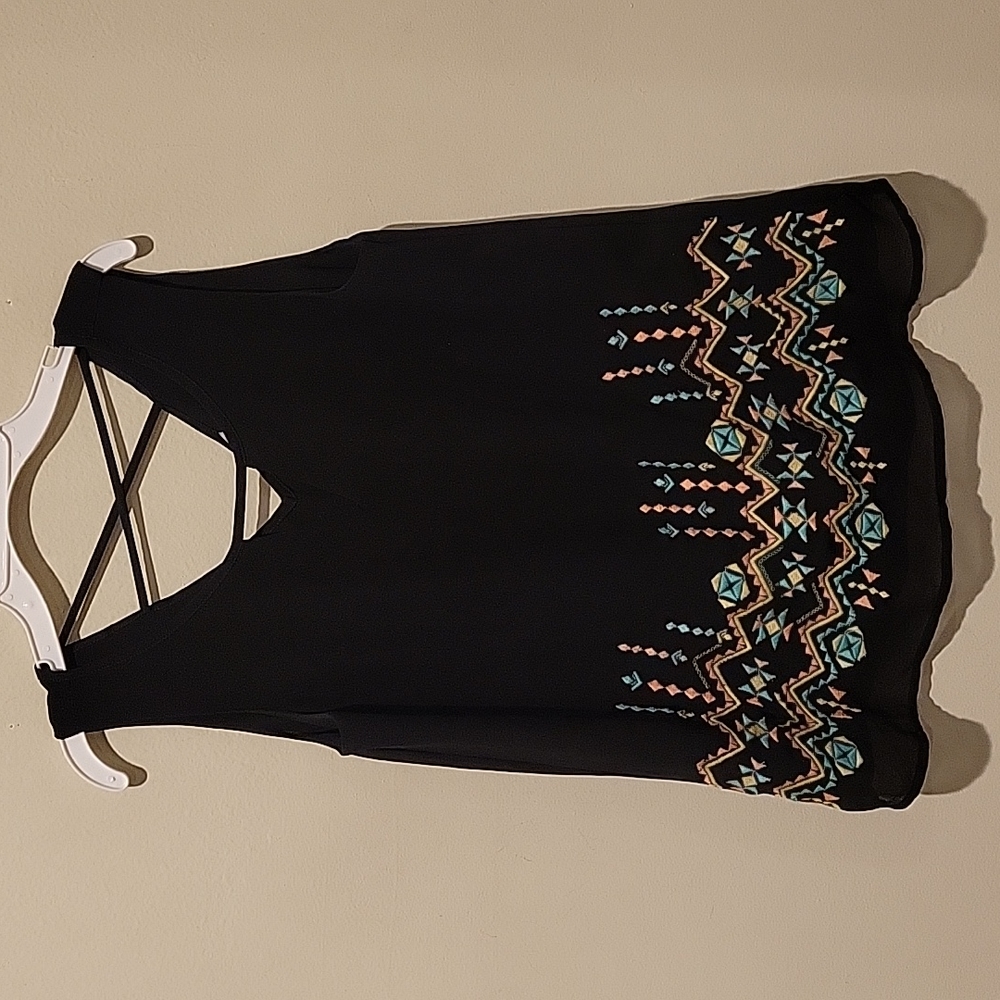 Naked Zebra Black Sleeveless Embroidered V-Neck Tank with Cross-Back Straps